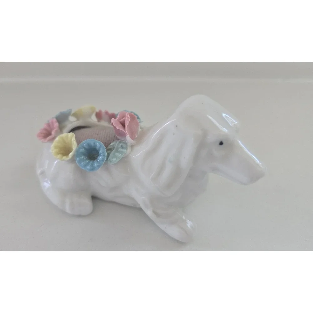 Vintage Porcelain Dachshund Pin Cushion White Ceramic Floral Dog Figurine